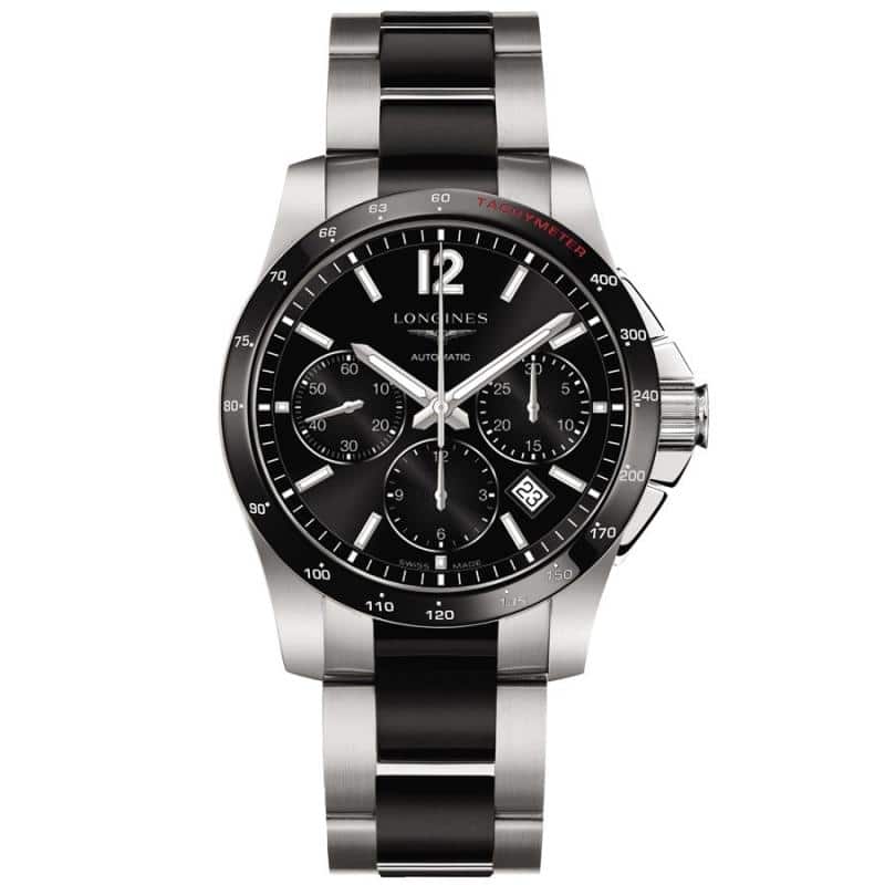 Longines Conquest Chronograph Automatischer Stahl und schwarze Keramik